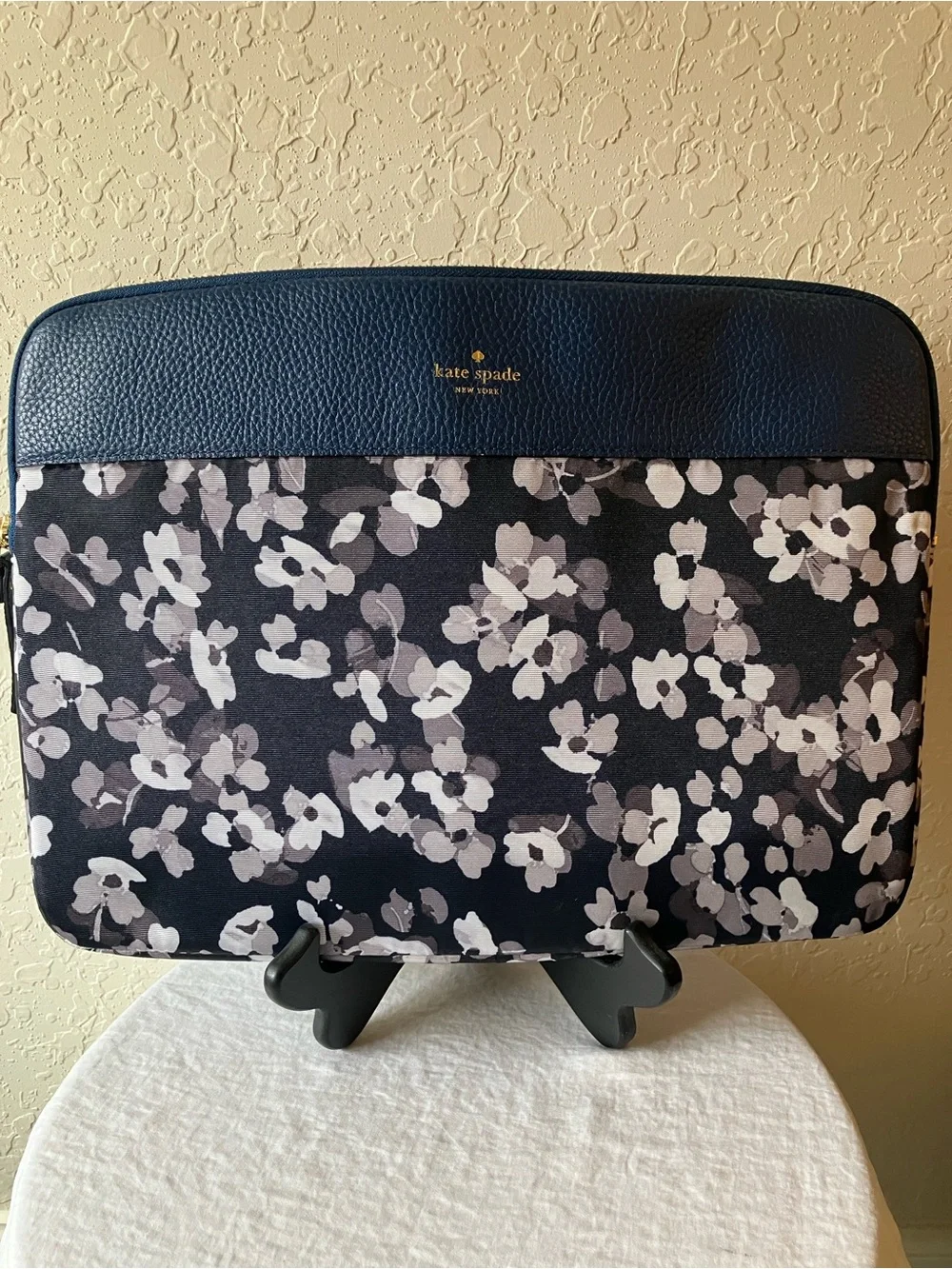 Kate Spade: Blue Leather Floral Laptop Sleeve- Padded- Gold Tone